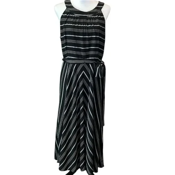 Tommy Hilfiger Halter Midi Dress Crinkle Gauze Belted Striped Black Gray 12 NWOT - Picture 2 of 16